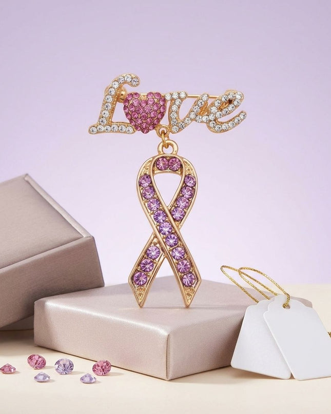 Gold Breast Cancer Love Pink Ribbon Dangle Brooch