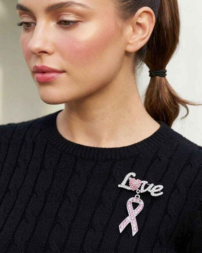 Silver Breast Cancer Love Pink Ribbon Dangle Brooch