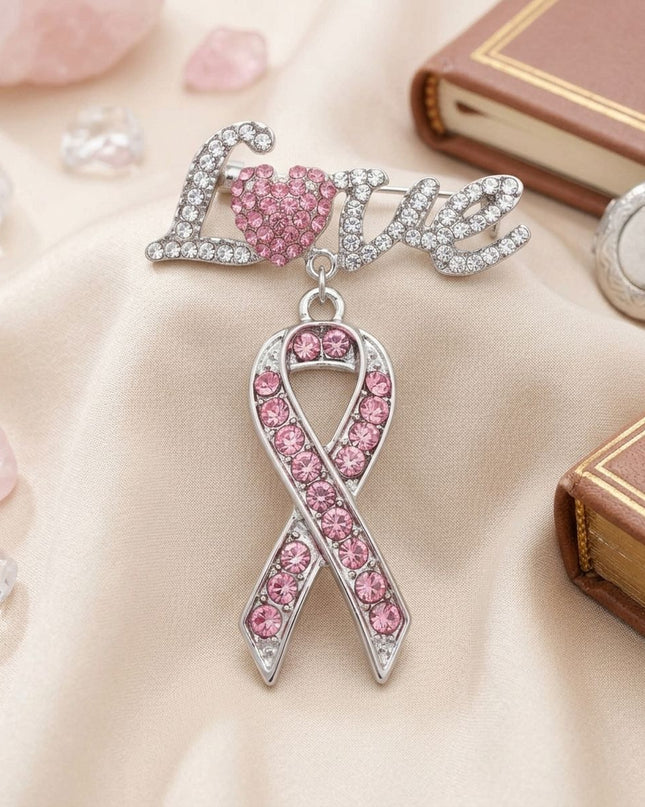 Silver Breast Cancer Love Pink Ribbon Dangle Brooch