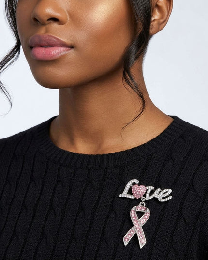 Silver Breast Cancer Love Pink Ribbon Dangle Brooch