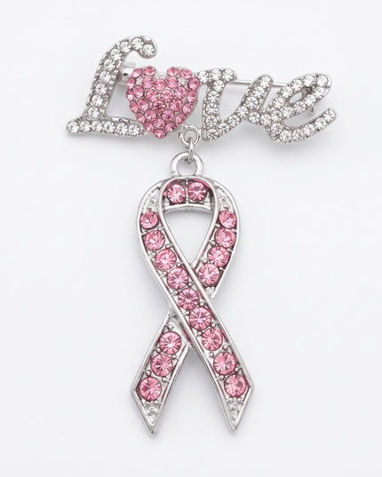 Silver Breast Cancer Love Pink Ribbon Dangle Brooch