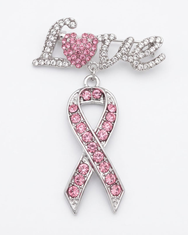 Silver Breast Cancer Love Pink Ribbon Dangle Brooch