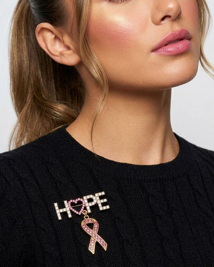 Gold Breast Cancer Hope Pink Ribbon Dangle Brooch