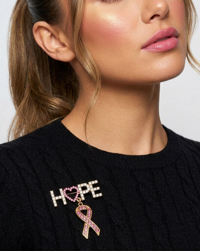 Gold Breast Cancer Hope Pink Ribbon Dangle Brooch