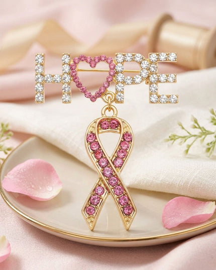 Gold Breast Cancer Hope Pink Ribbon Dangle Brooch