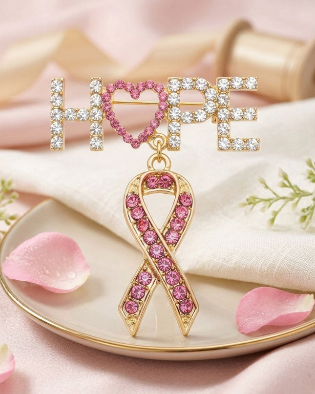 Gold Breast Cancer Hope Pink Ribbon Dangle Brooch