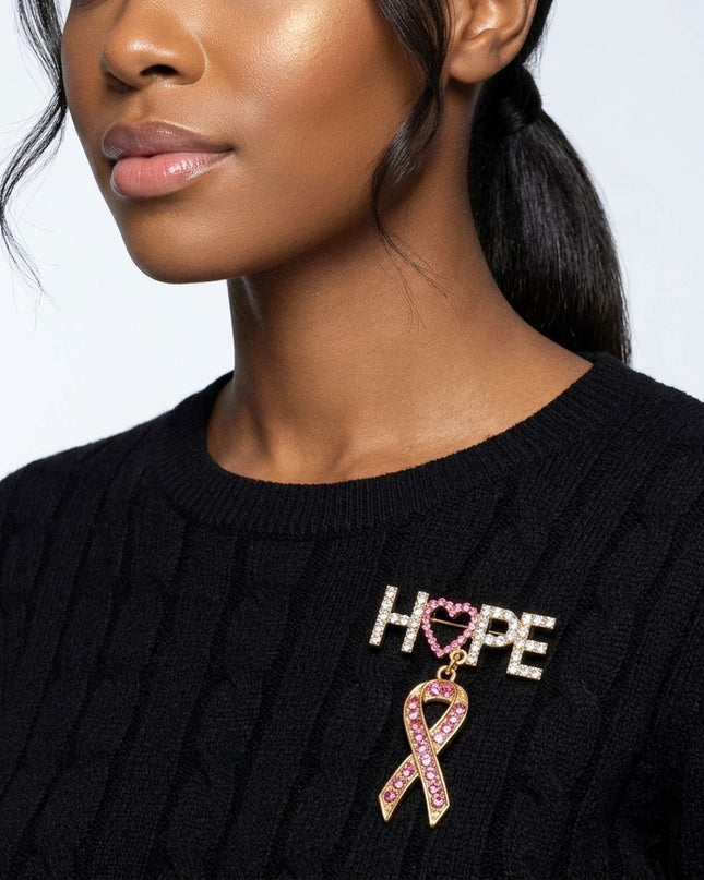 Gold Breast Cancer Hope Pink Ribbon Dangle Brooch