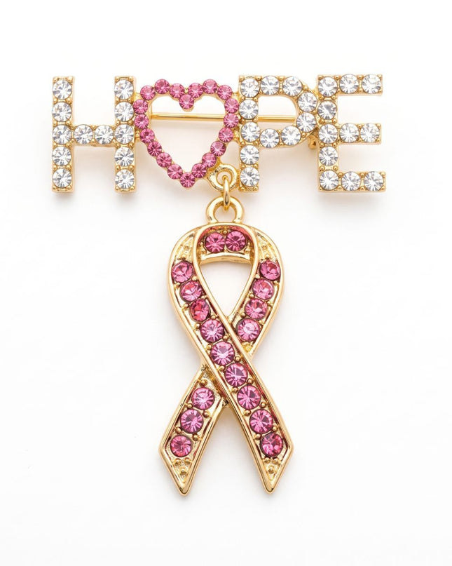 Gold Breast Cancer Hope Pink Ribbon Dangle Brooch