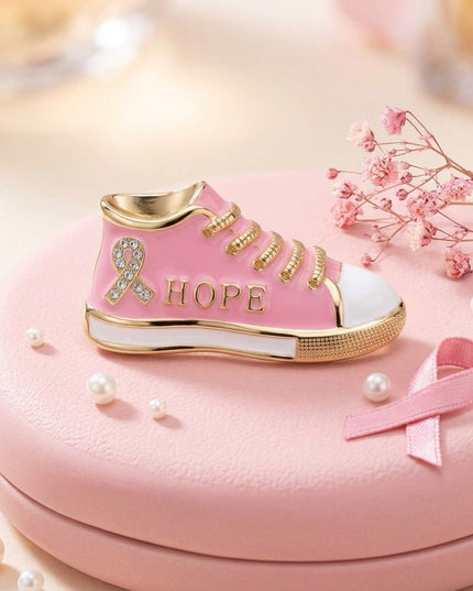 Pink Breast Cancer Hope Sneaker Gold Brooch Pin