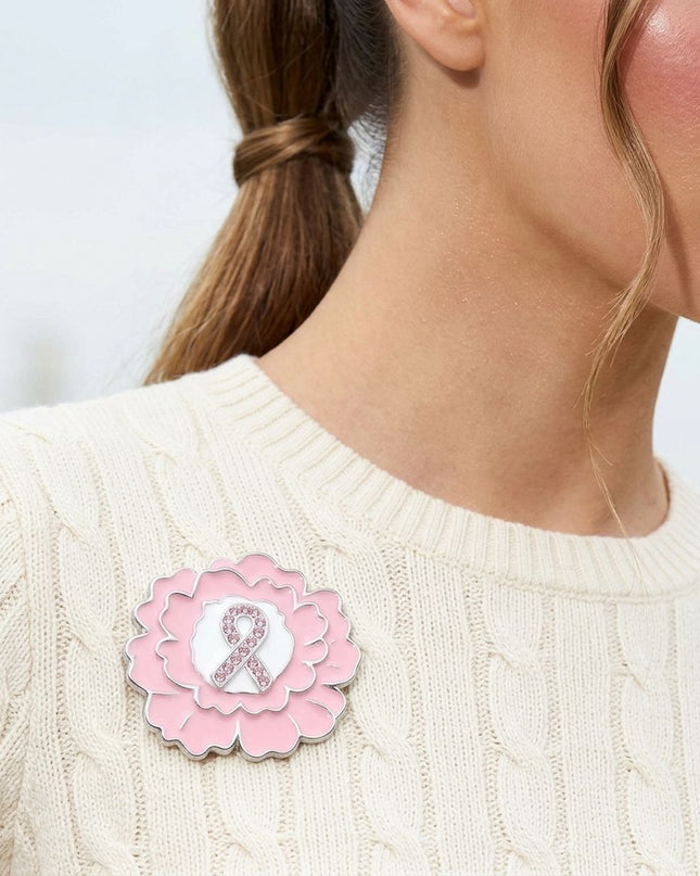 Pink Breast Cancer Awareness Silver Flower Brooch
