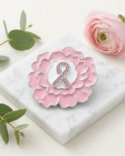 Pink Breast Cancer Awareness Silver Flower Brooch