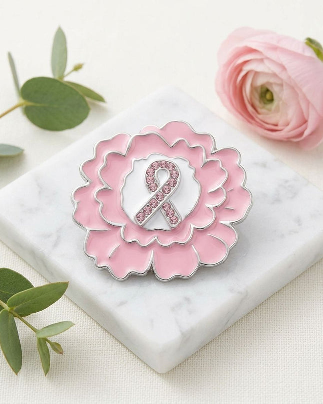 Pink Breast Cancer Awareness Silver Flower Brooch