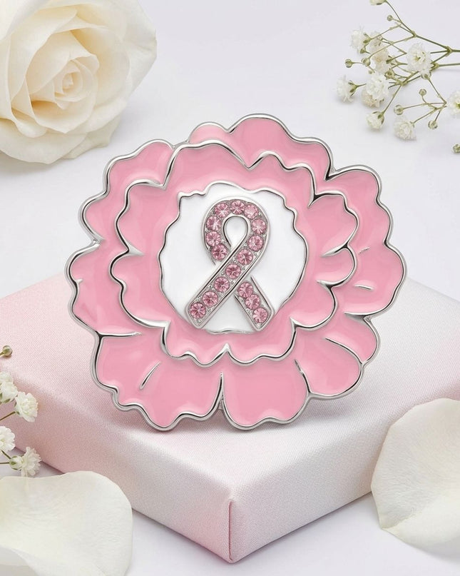 Pink Breast Cancer Awareness Silver Flower Brooch
