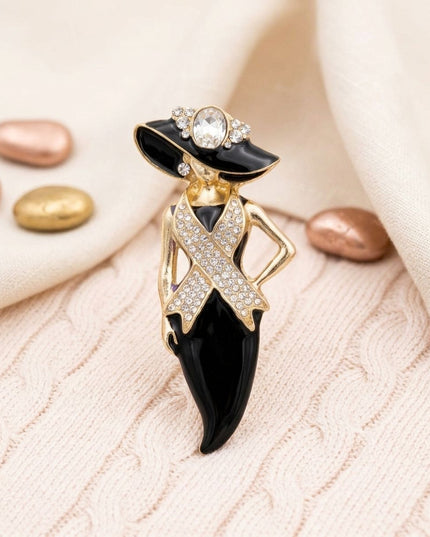 Black Breast Cancer Pink Ribbon Lady Gold Brooch