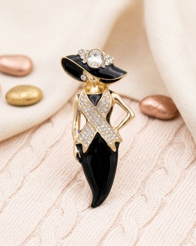 Black Breast Cancer Pink Ribbon Lady Gold Brooch