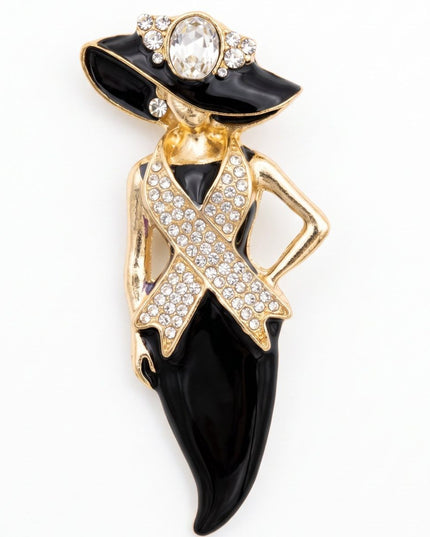 Black Breast Cancer Pink Ribbon Lady Gold Brooch