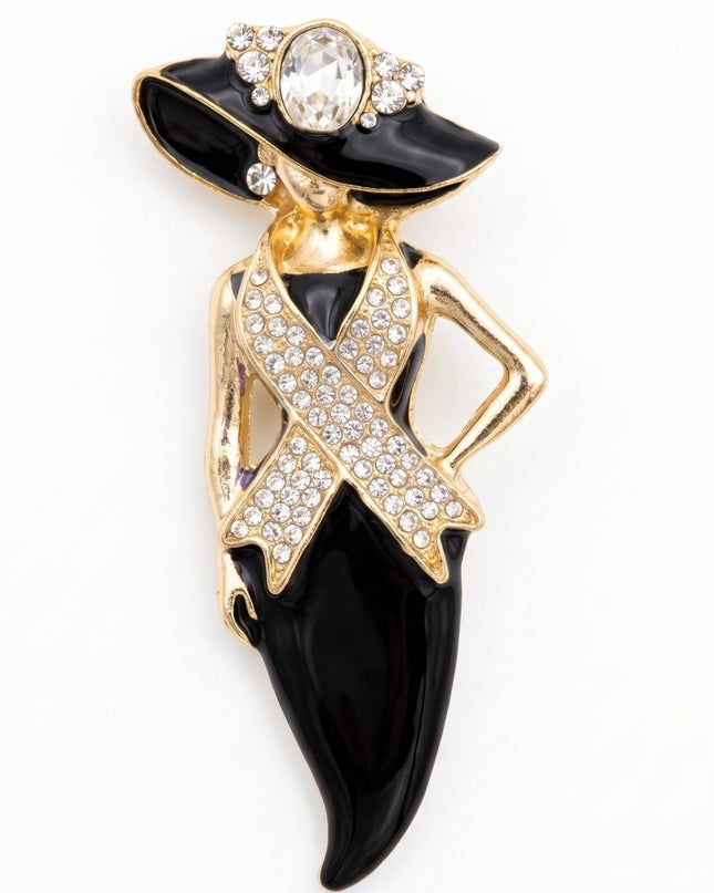 Black Breast Cancer Pink Ribbon Lady Gold Brooch
