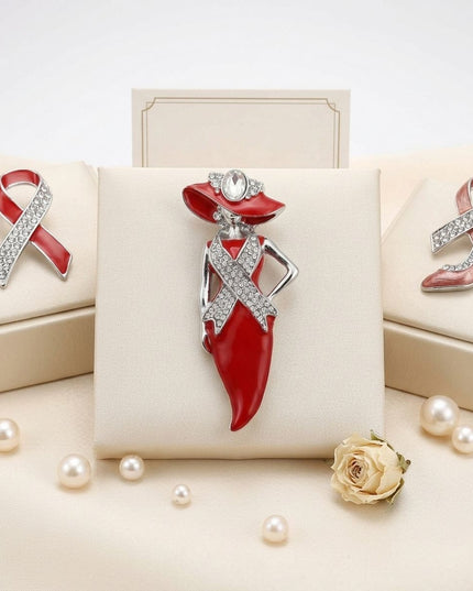 DST Red Lady Breast Cancer Ribbon Brooch Pin