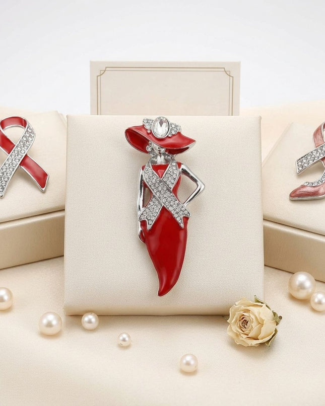 DST Red Lady Breast Cancer Ribbon Brooch Pin