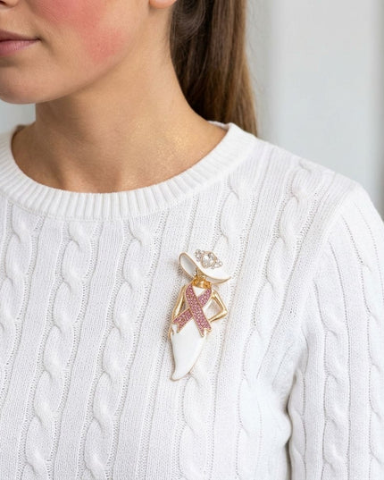 White Breast Cancer Pink Ribbon Lady Gold Brooch