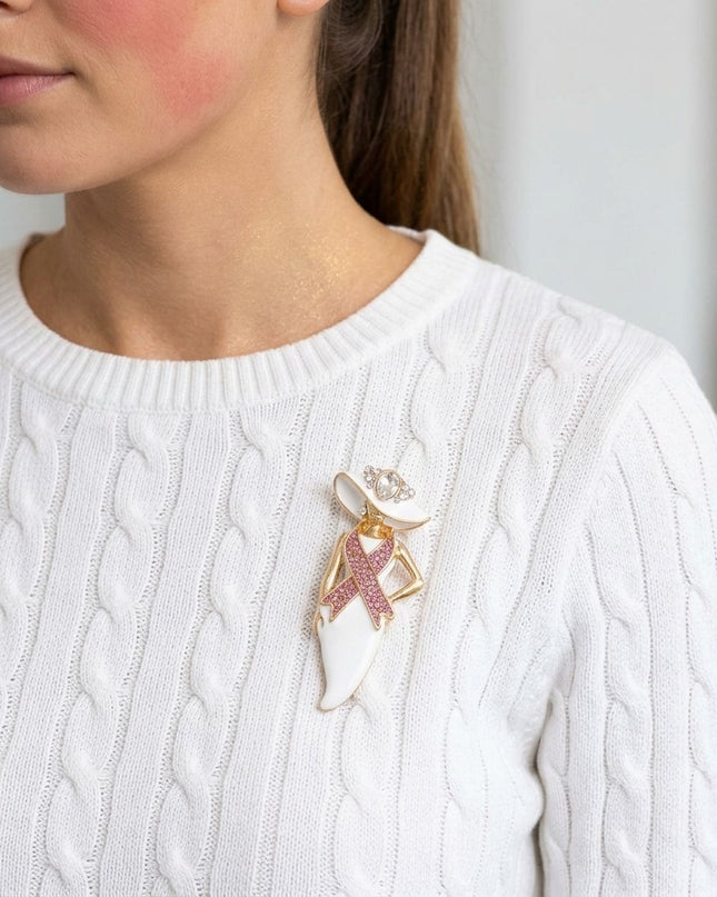 White Breast Cancer Pink Ribbon Lady Gold Brooch