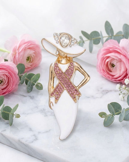 White Breast Cancer Pink Ribbon Lady Gold Brooch