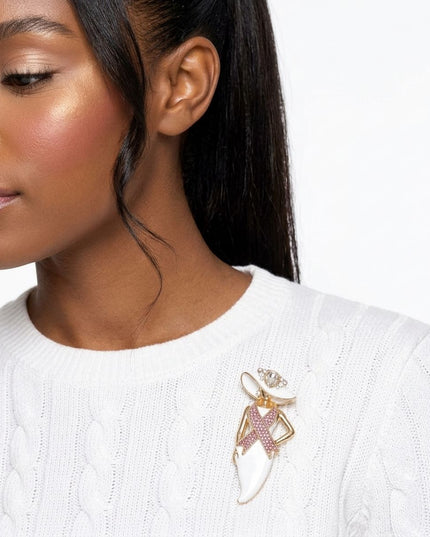 White Breast Cancer Pink Ribbon Lady Gold Brooch