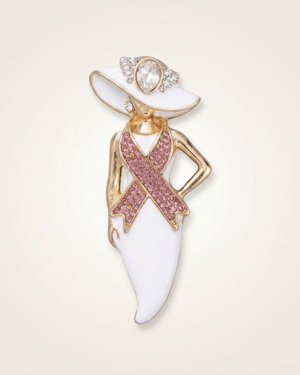 White Breast Cancer Pink Ribbon Lady Gold Brooch