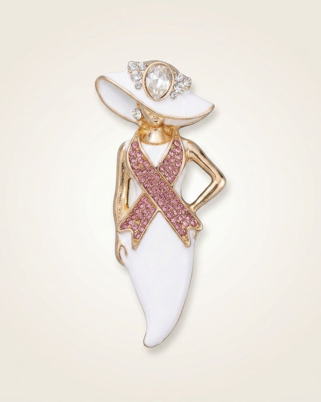 White Breast Cancer Pink Ribbon Lady Gold Brooch