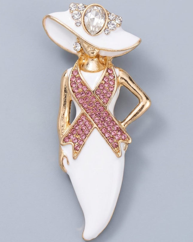 White Breast Cancer Pink Ribbon Lady Gold Brooch
