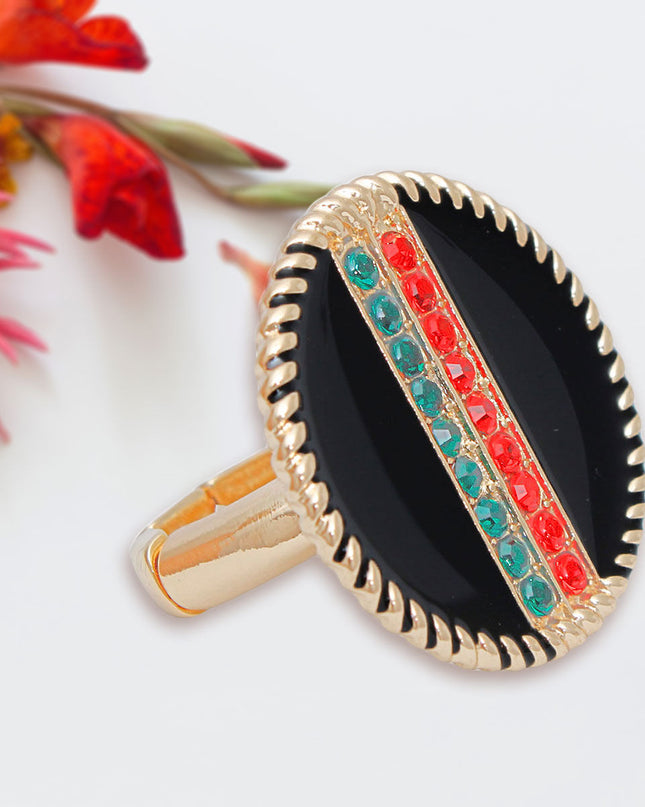 Black Stripe Charm Gold Ring