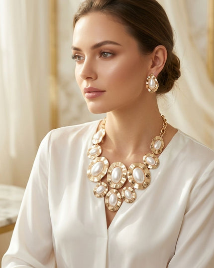 Gold Hammered Oval Pearl Linked Bib Necklace