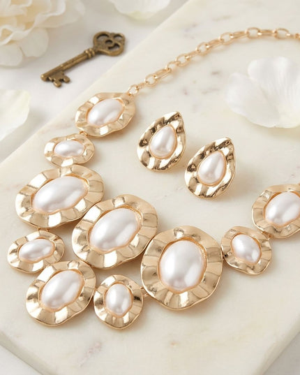 Gold Hammered Oval Pearl Linked Bib Necklace