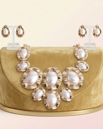 Gold Hammered Oval Pearl Linked Bib Necklace
