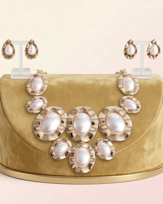 Gold Hammered Oval Pearl Linked Bib Necklace