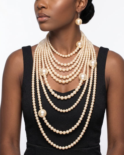 Cream Pearl 9 Strand Long Layer Luminous Necklace