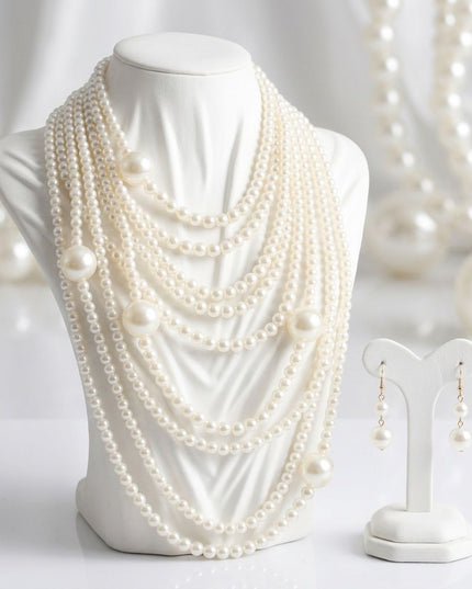 Cream Pearl 9 Strand Long Layer Luminous Necklace
