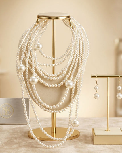 Cream Pearl 9 Strand Long Layer Luminous Necklace