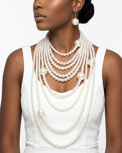 White Pearl 9 Strand Long Layer Luminous Necklace