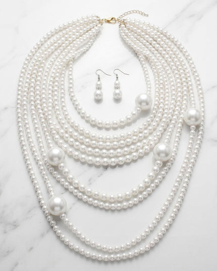 White Pearl 9 Strand Long Layer Luminous Necklace