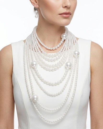 White Pearl 9 Strand Long Layer Luminous Necklace