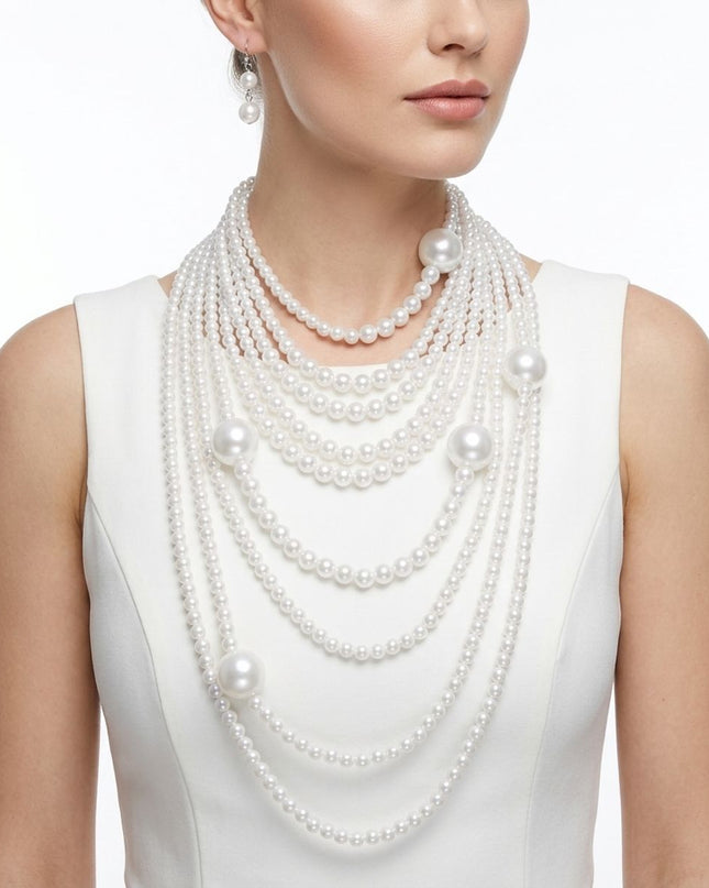 White Pearl 9 Strand Long Layer Luminous Necklace
