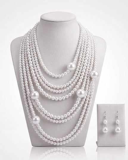 White Pearl 9 Strand Long Layer Luminous Necklace