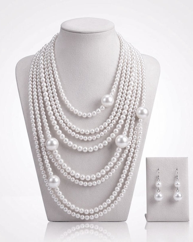 White Pearl 9 Strand Long Layer Luminous Necklace