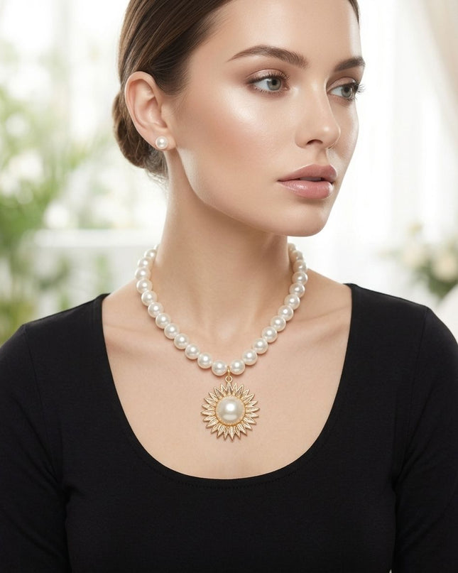 Gold Sunburst Cream Pearl Pendant Necklace