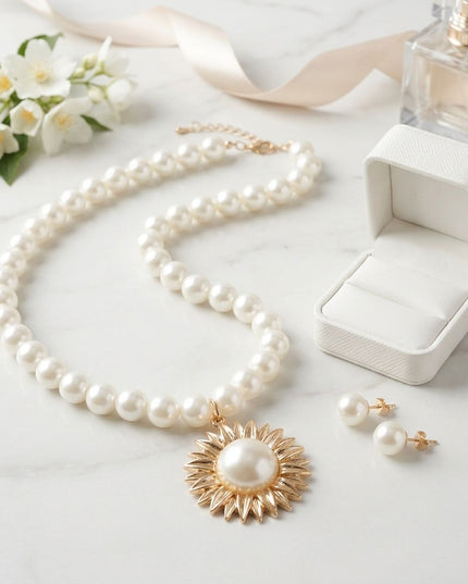 Gold Sunburst Cream Pearl Pendant Necklace