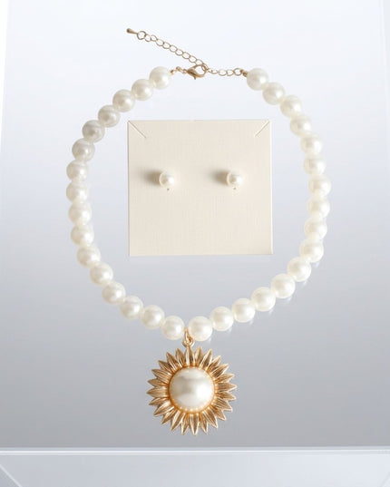 Gold Sunburst Cream Pearl Pendant Necklace
