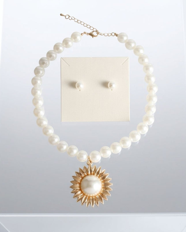 Gold Sunburst Cream Pearl Pendant Necklace