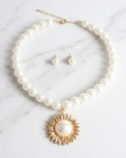 Gold Sunburst Cream Pearl Pendant Necklace