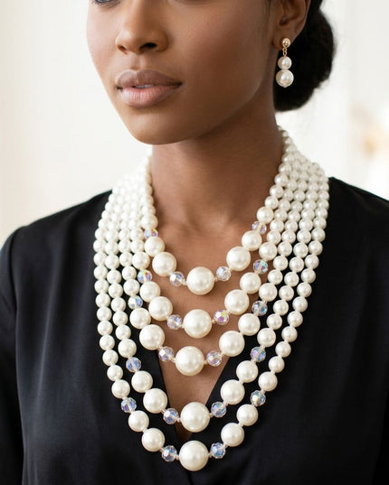 Cream Pearl & Faceted Bead 5 Strand Necklace